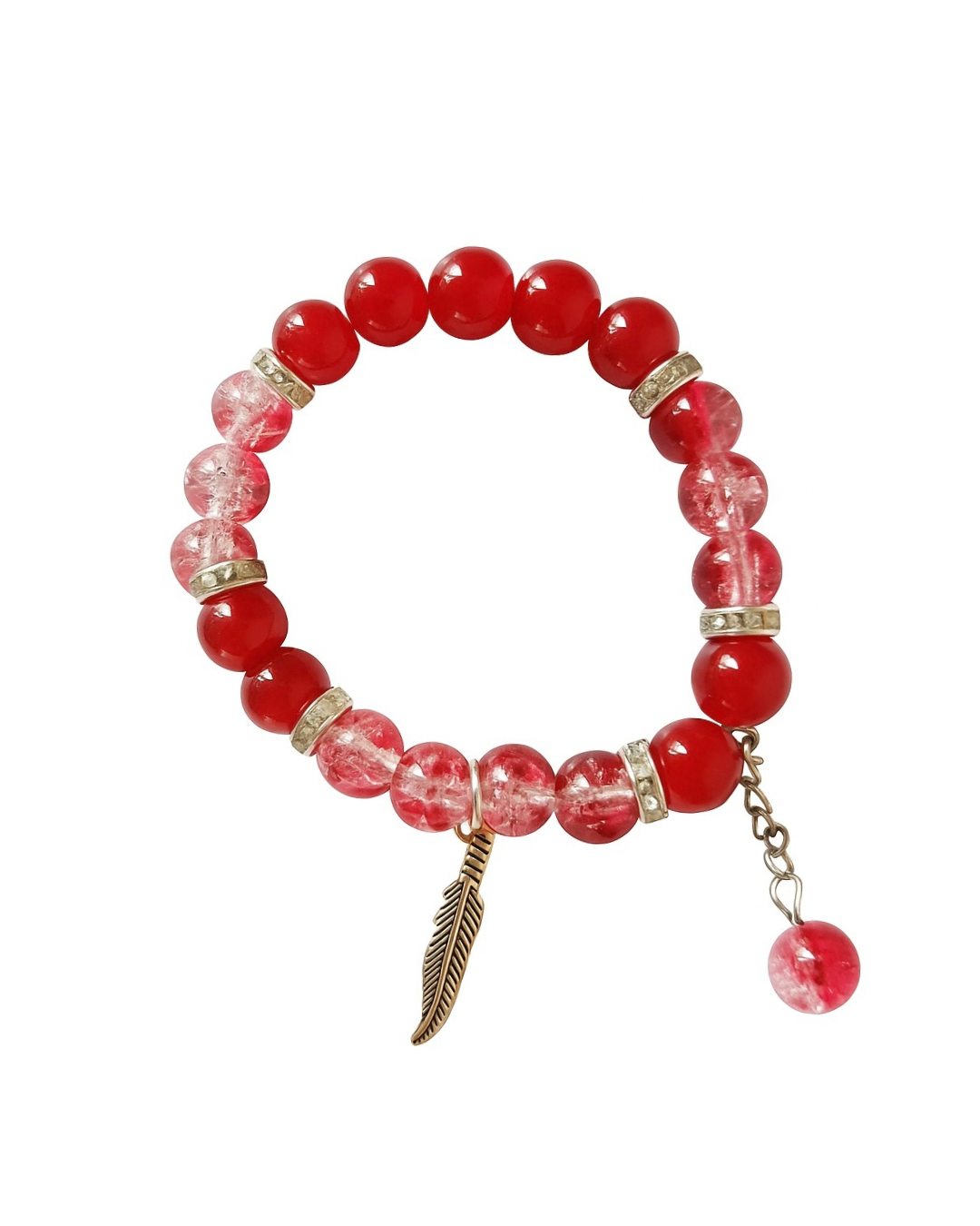 Handmade Red Beaded Bracelet with Feather Charm